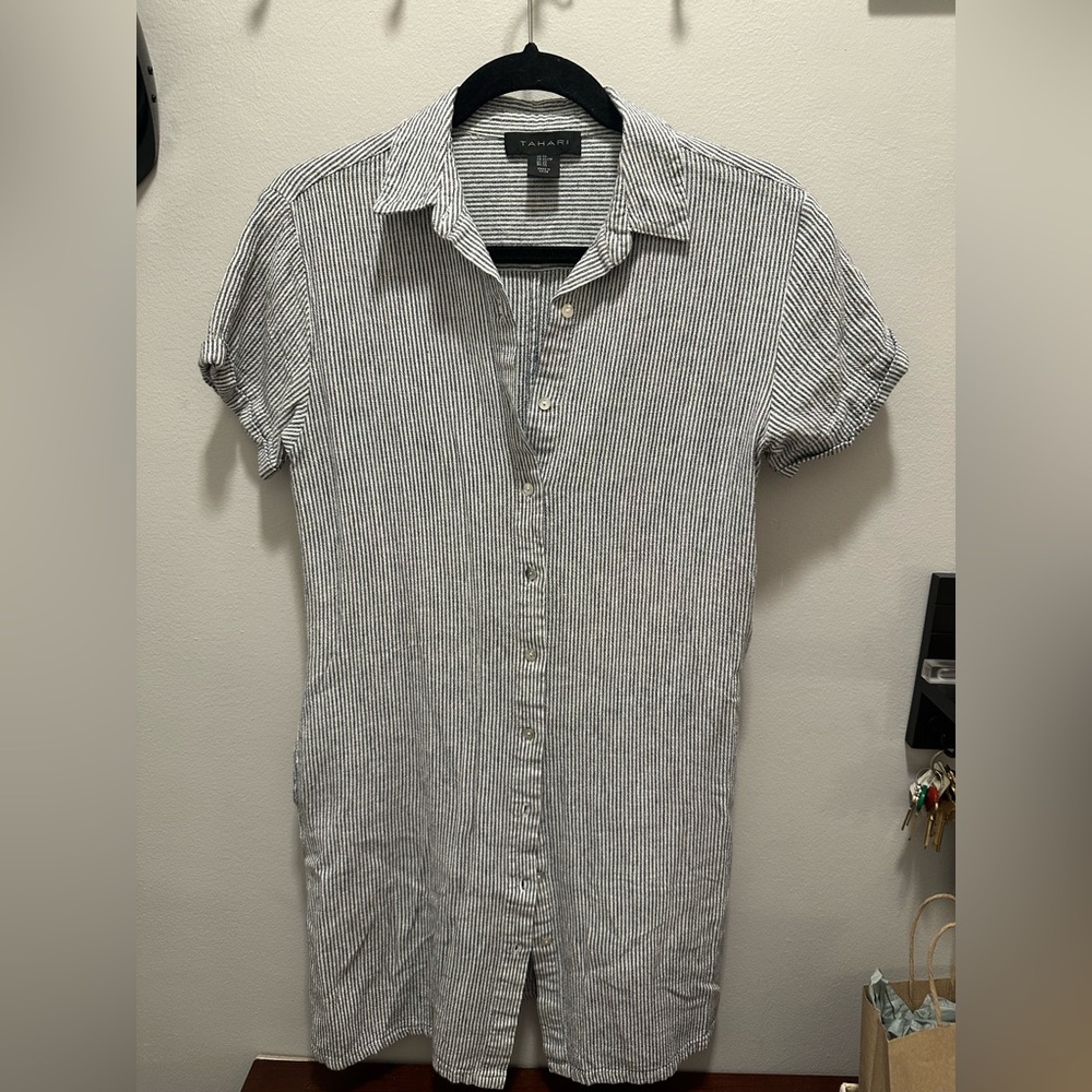 Linen Stripped Abalone Button Dress Sz XS
